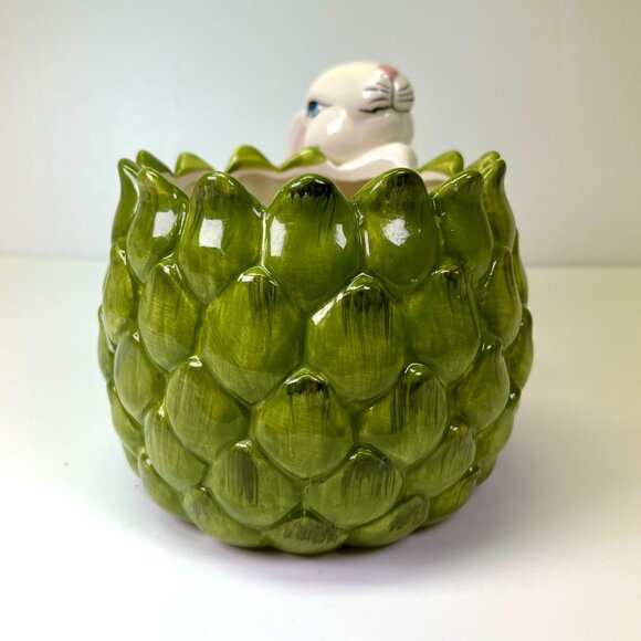 Vintage Bunny Rabbit Artichoke Cachepot Planter Ceramic Vase Spring Easter Bowl - Picture 4 of 9